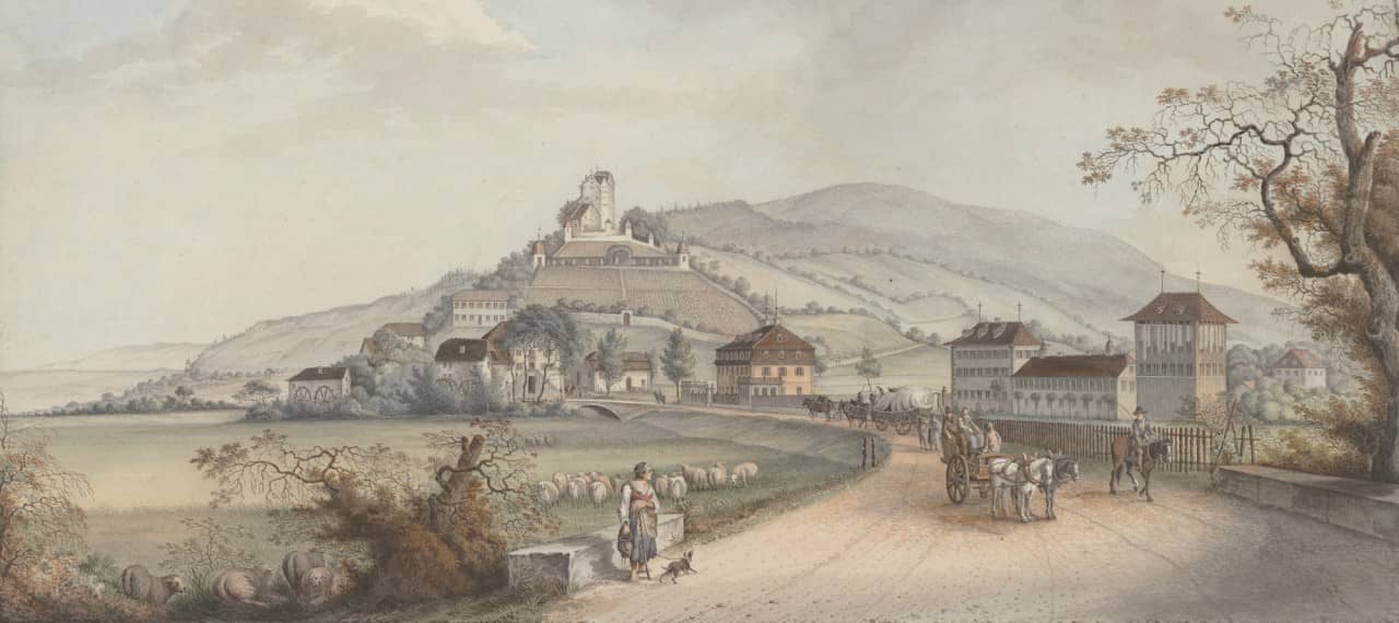 Joh. Jac. Aschman Mahler, Wildegg um 1795 mit Fabrikgebäude der Indiennes-Druckerei Laué Staatsarchiv Aargau, GS/00611-3