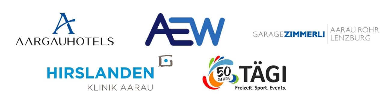 Logos der Sponsoren: AEW, Hirslanden Klinik Aarau, Tägi Wettingen, Aargauerhotels.ch