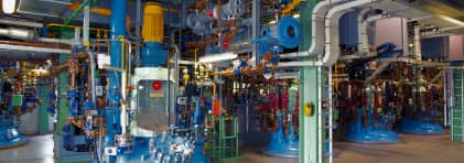 Picture of factory inside with lots of colorful pipes