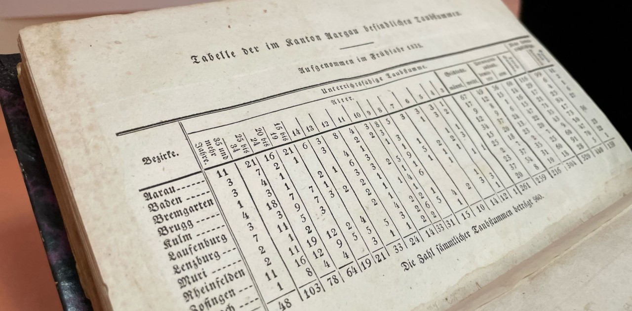 Foto aus Buch von Heinrich Zschokke um 1835 mit Statistik zu Taubstumme im Kanton Aargau.