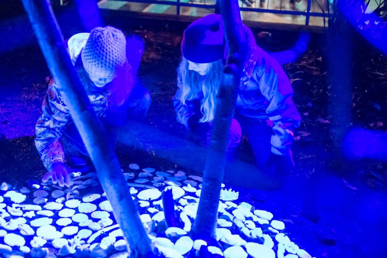 Schülerinnen hocken in blauem Licht auf dem Pausenplatz. Vor ihnen sind leuchtende Figuren ausgebreitet.