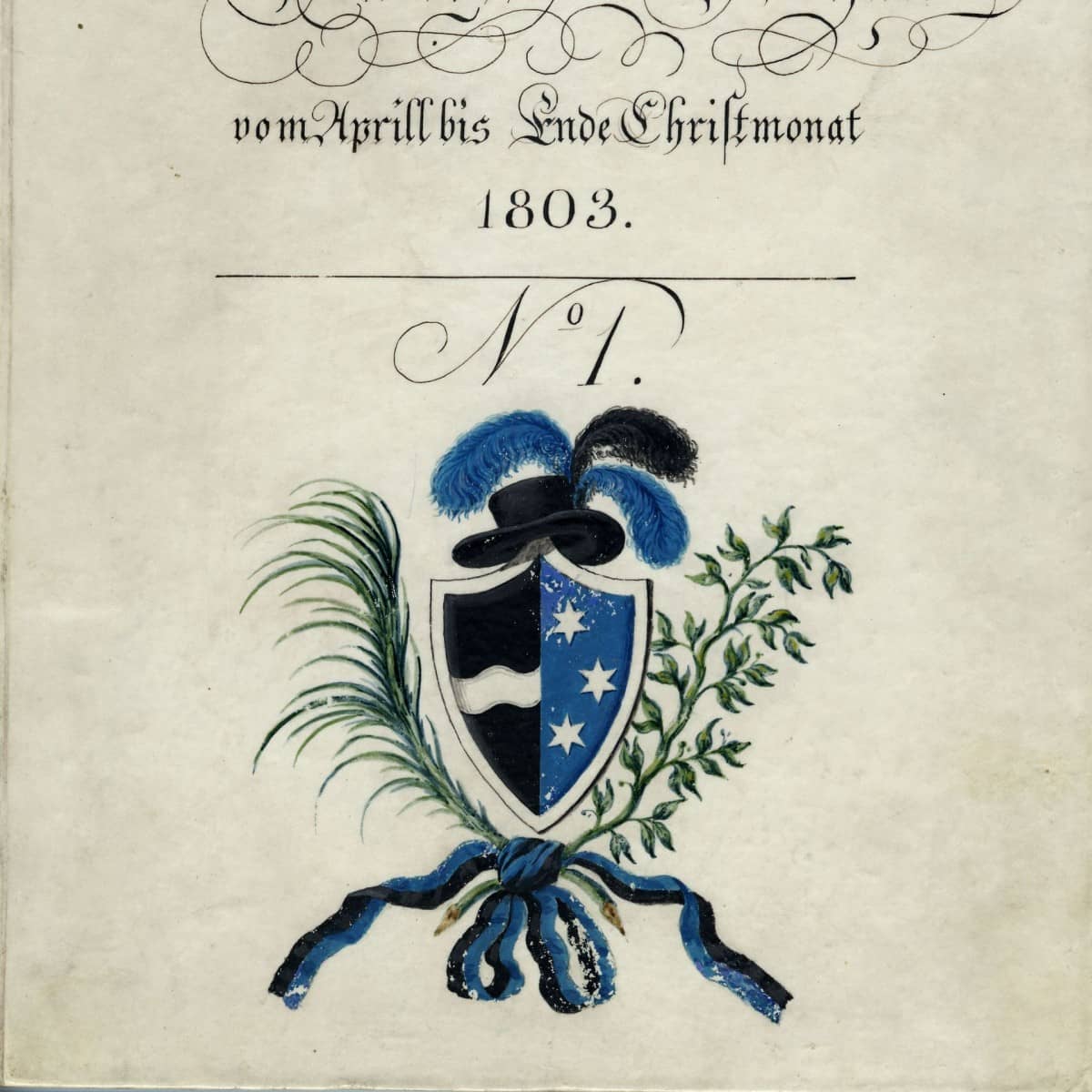 Die erste Rechnung der Staatskanzlei 1803 mit dem Kantonswappen, geschmückt mit Tellenhut und Federn in Kantonsfarben schwarz und blau.