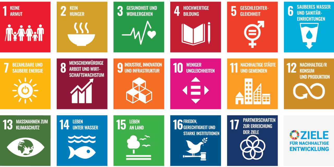 Die Symbole der 17 SDG in der Übersicht.