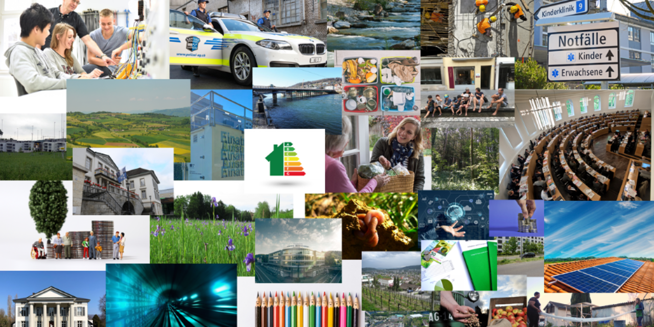 Titelbild des Nachhaltigkeitsberichtes 2024 des Kantons Aargau; Collage mit Grafiken und Fotos aus dem Kanton passend zu den verschiedenen Themenbereichen des Nachhaltigkeitsberichts