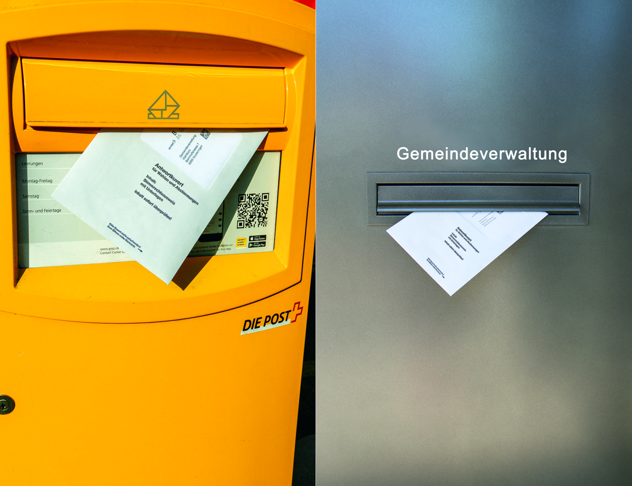 EIn Briefkasten der Post und einer Gemeinde